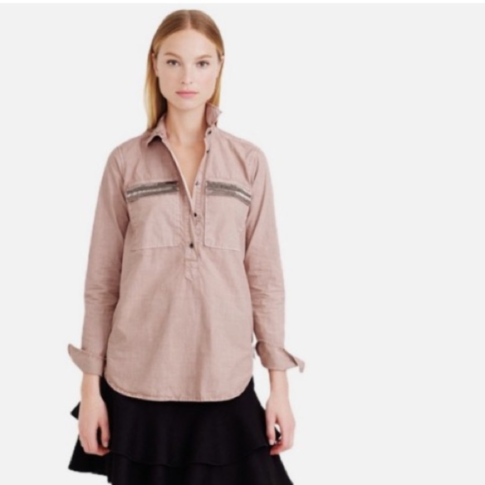J Crew - Blush Pink Beaded Cotton Popover Button Down Shirt - Size 16 (XL)
